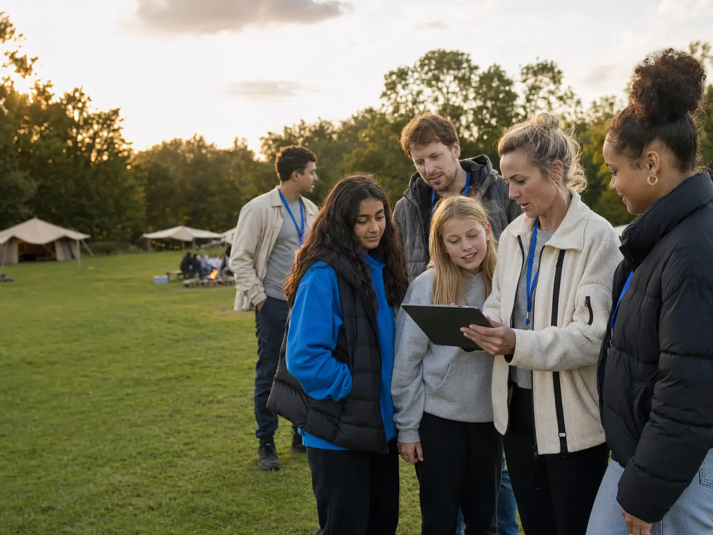 Organisator bekijkt samen met deelnemers de planning op een tablet