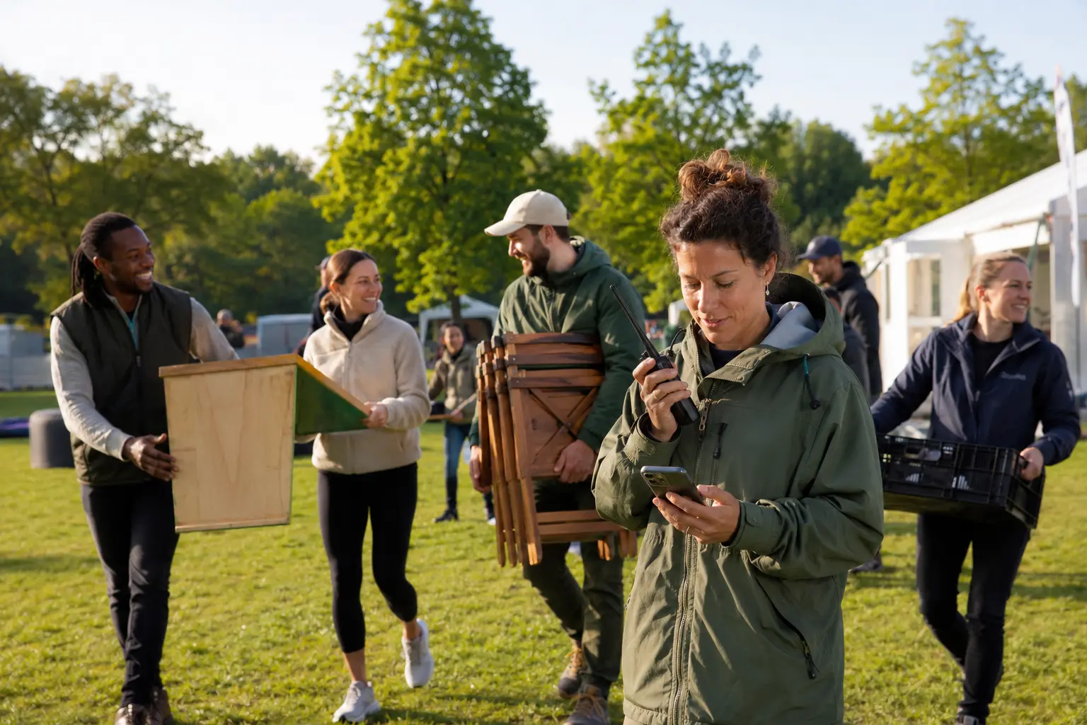 Eventteam coördineert samen de opbouw op locatie